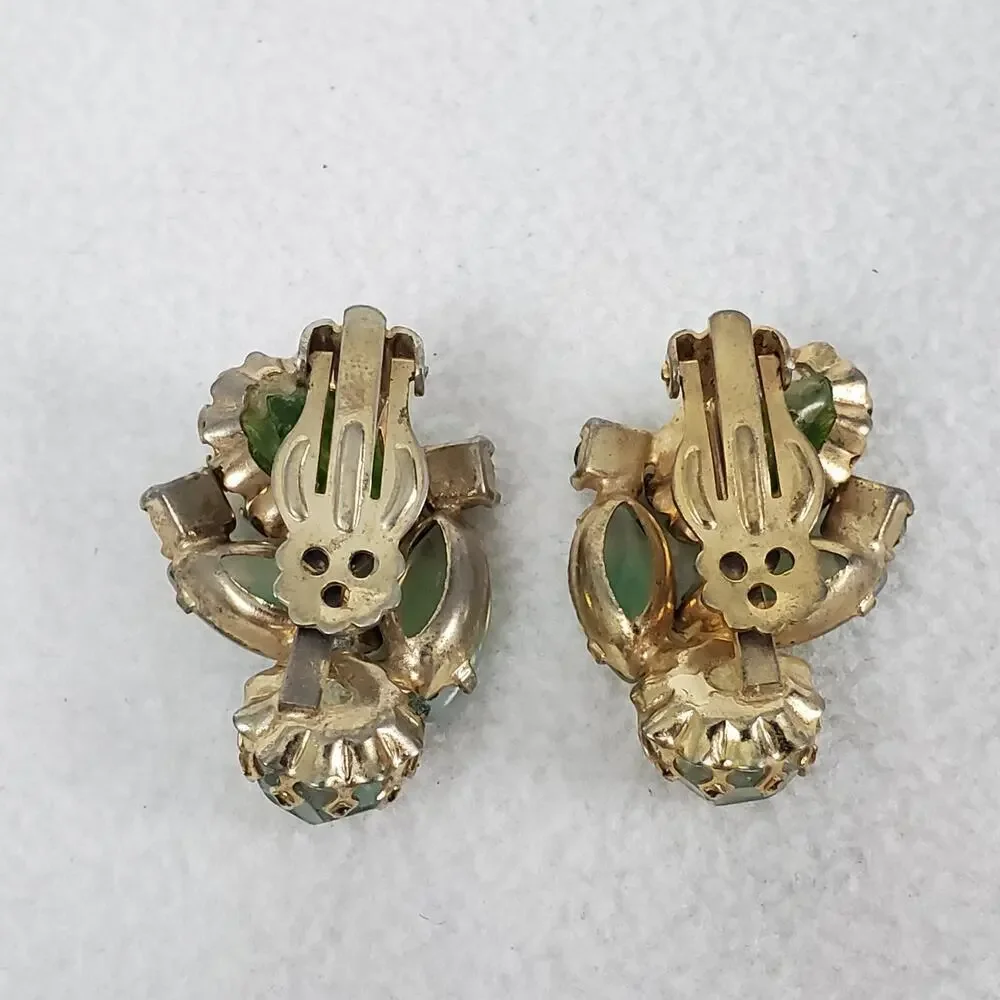 Vintage MCM Green Rhinestone Gold Tone Brooch and Earrings Set